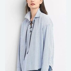 Gap Blue & White Stripe lace front long sleeve cotton shirt
